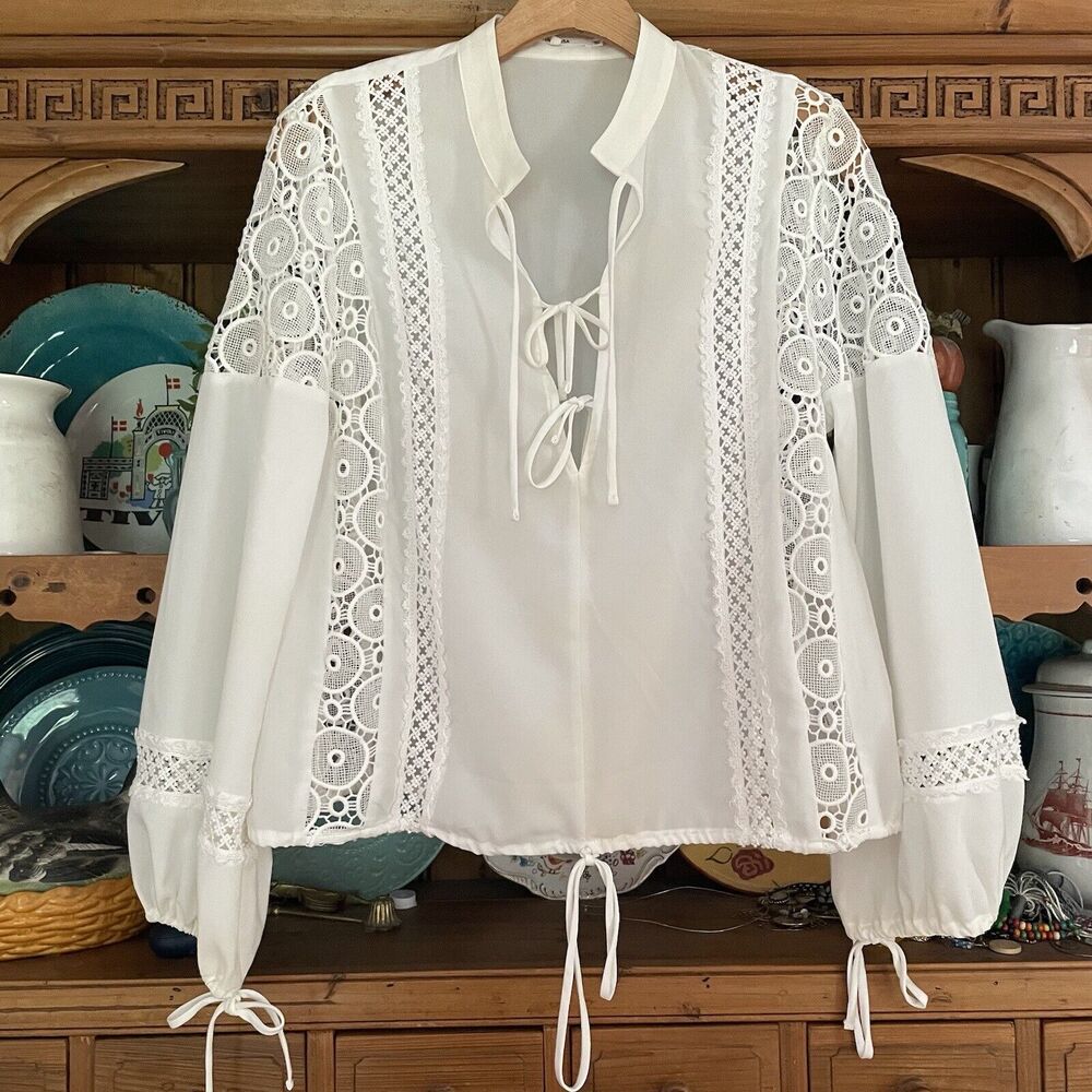 Tularosa Farrah Blouse Bohemian Lace Sz S White‎ Peasant Boho Balloon Sleeves